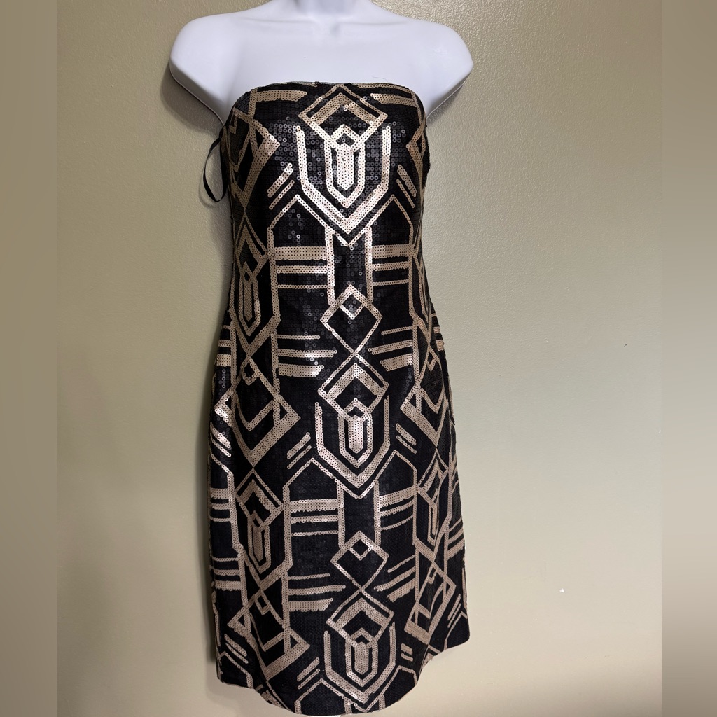 Ralph Lauren Black Gold Sequin Modern Geometric Strapless Evening Dress, Size 10